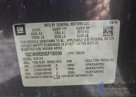 2016 Chevrolet Silverado 2500Hd Ltz from USA, damaged, VIN 1GC1KWE83GF198399